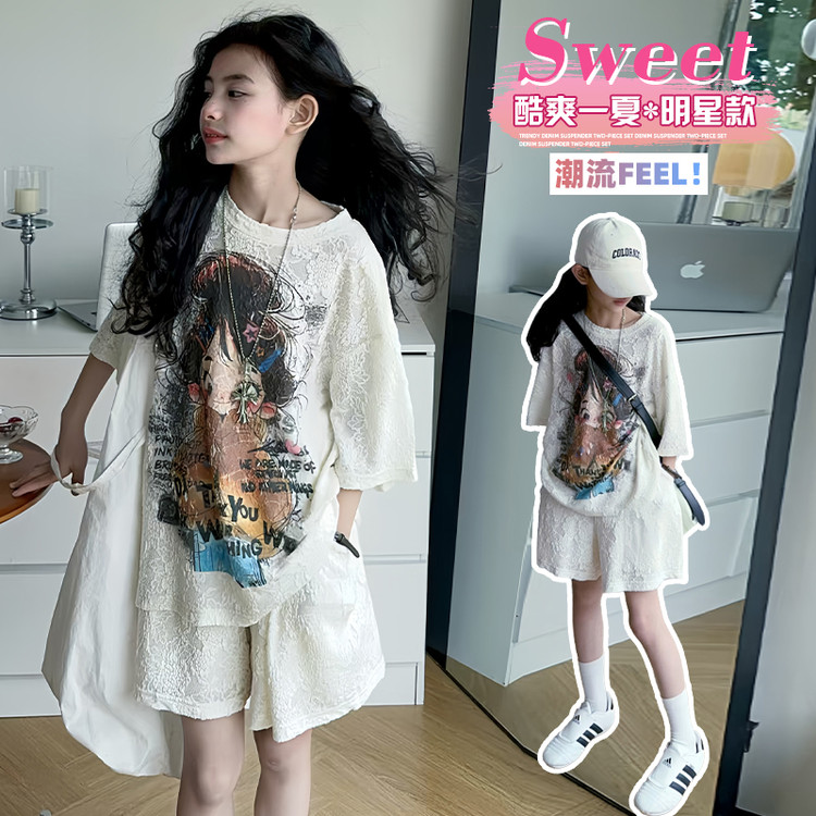 女童夏季套装大儿童潮酷时髦短袖女孩夏天卡通蕾丝短袖短裤两件套