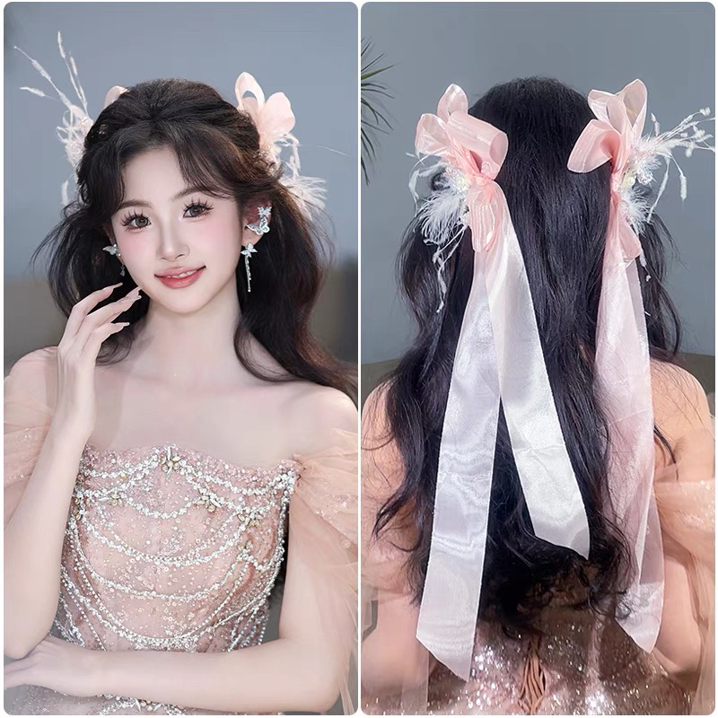 新娘超仙粉色羽毛飘带边夹2025新款韩式森系蝴蝶结婚纱百搭发夹