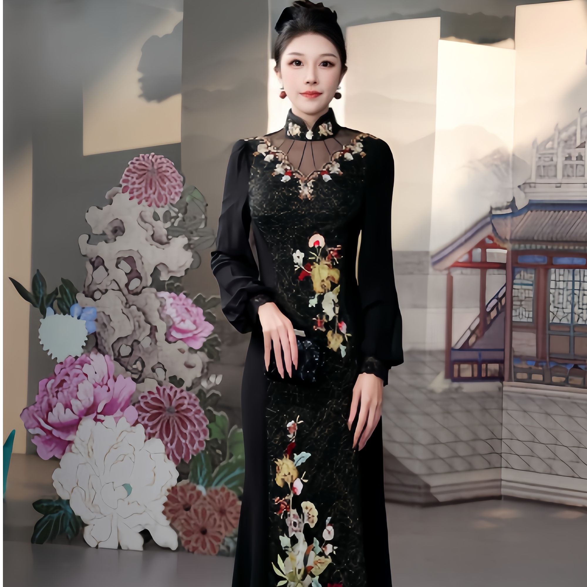 SUSSI/古色25商场同款黑色新中式改良复古旗袍刺绣连衣裙女气质