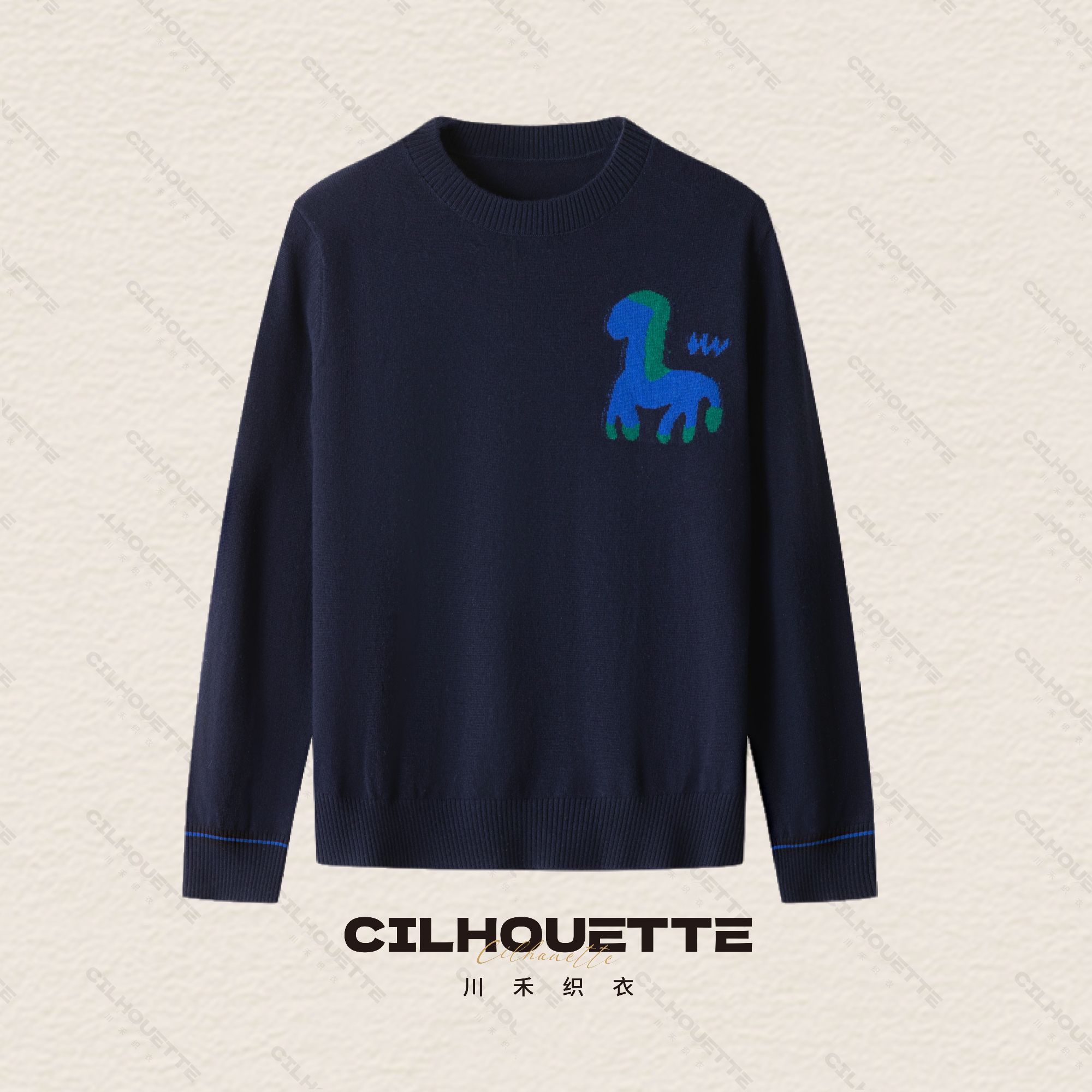 川禾织衣  秋冬Pony小马提花圆领长袖羊毛衫原创时尚休闲百搭经典