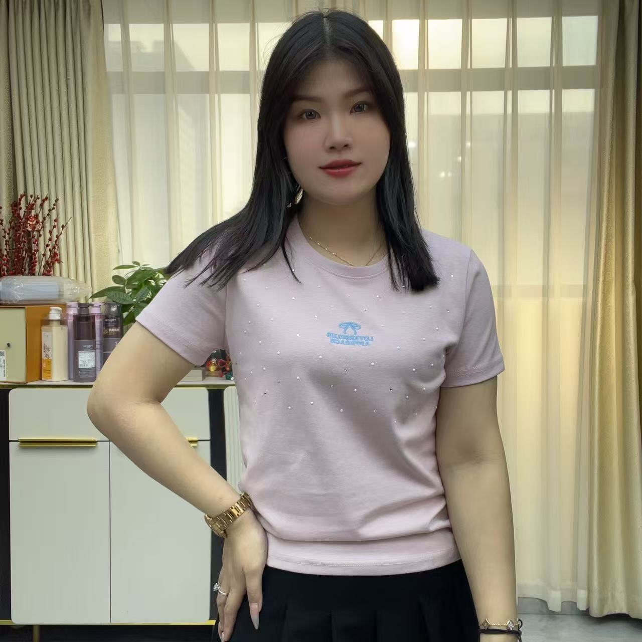 小鑫肝@现货浮力亚纱棉图案刺绣满天星烫钻百搭T恤 838