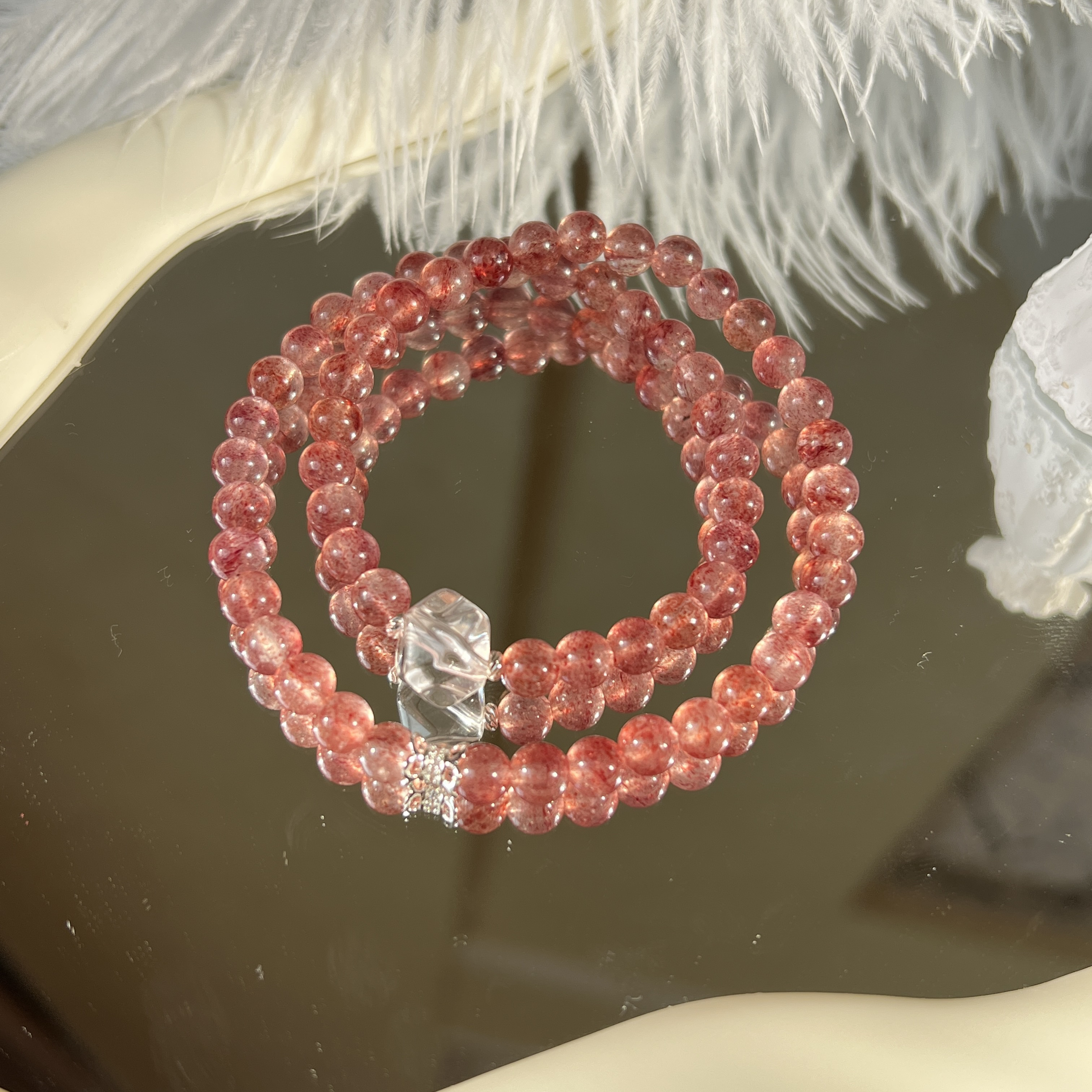 天然草莓晶双圈手链搭配白水晶