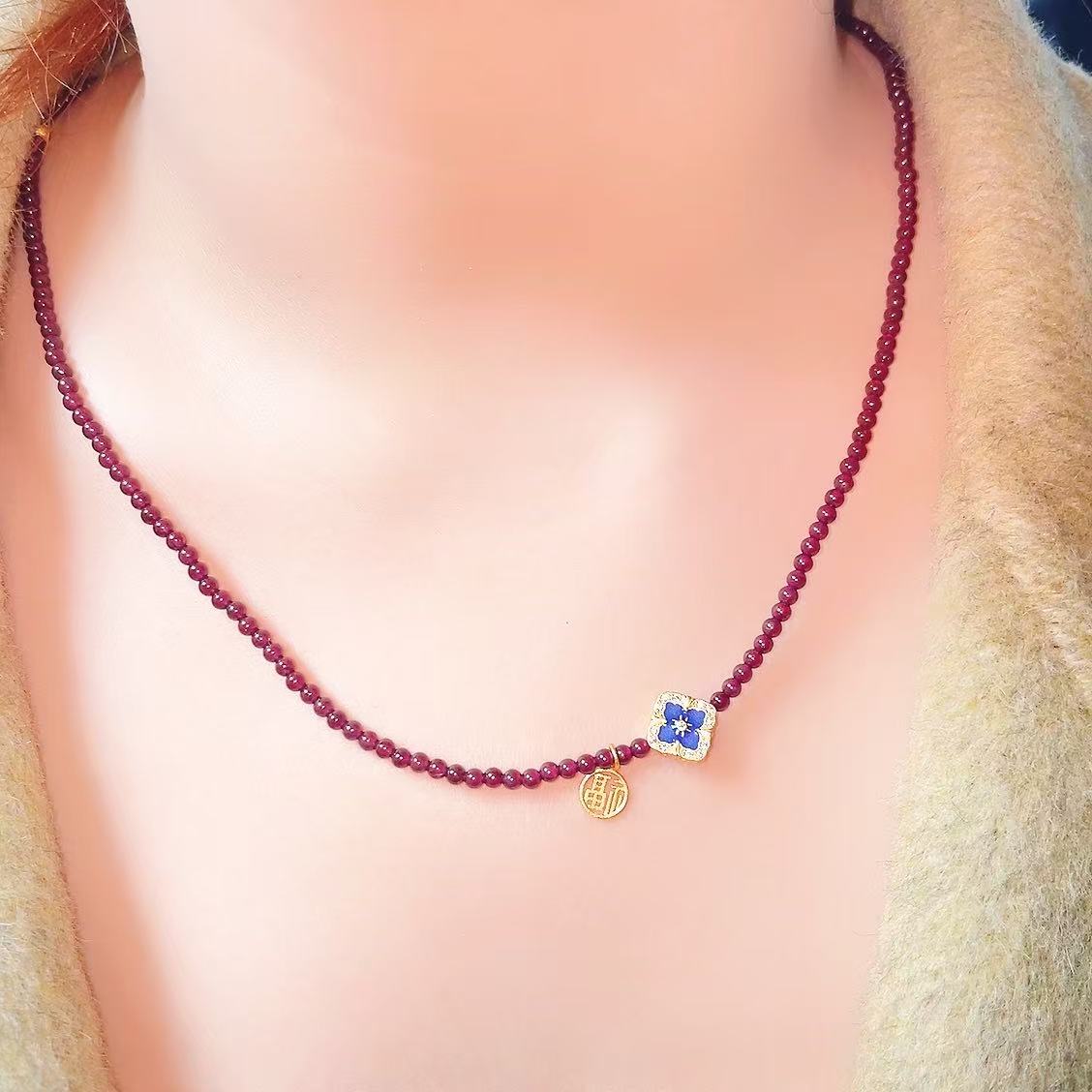 MOZSLS208 天然石榴石手串原创新中式国风小米珠手串项链（两戴款）