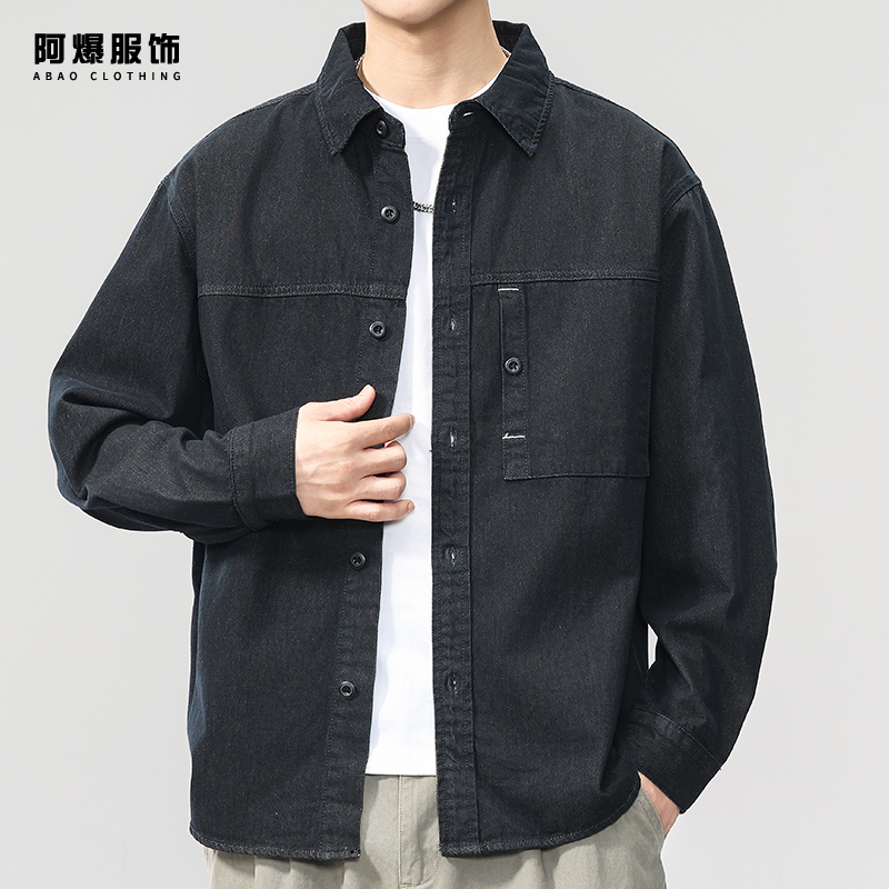 【阿爆服饰】美式复古水洗纯棉牛仔衬衫男秋季潮牌宽松工装休闲外套