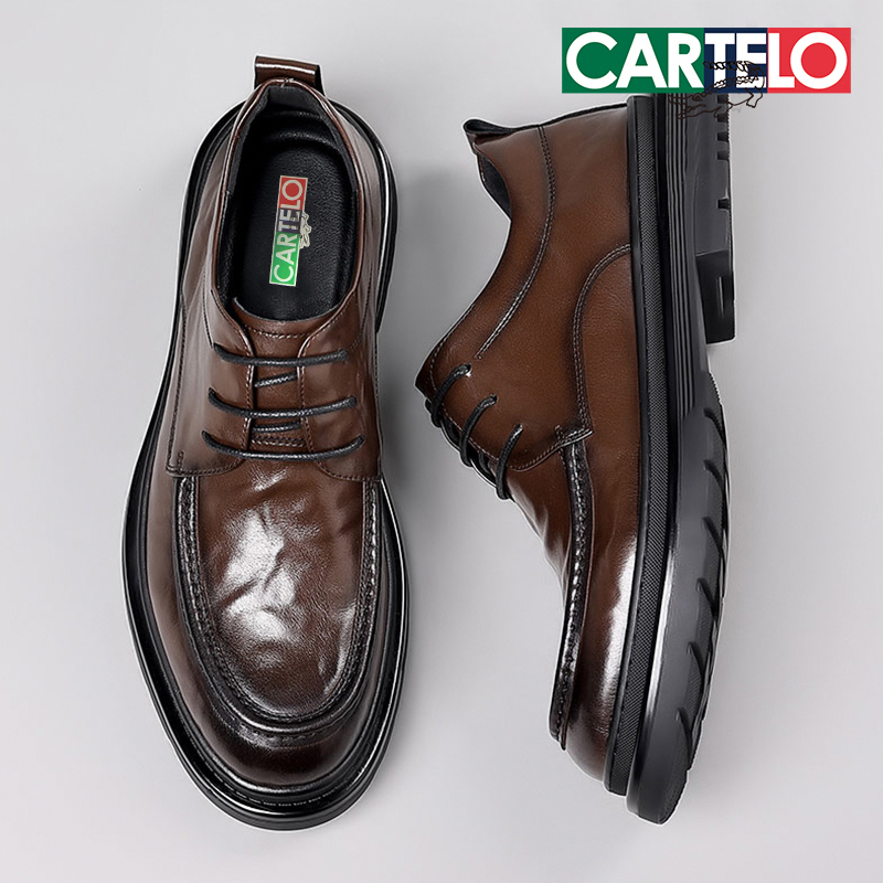 CARTELO/卡帝乐鳄鱼男鞋真皮牛皮加绒保暖增高男士休闲皮鞋德比鞋