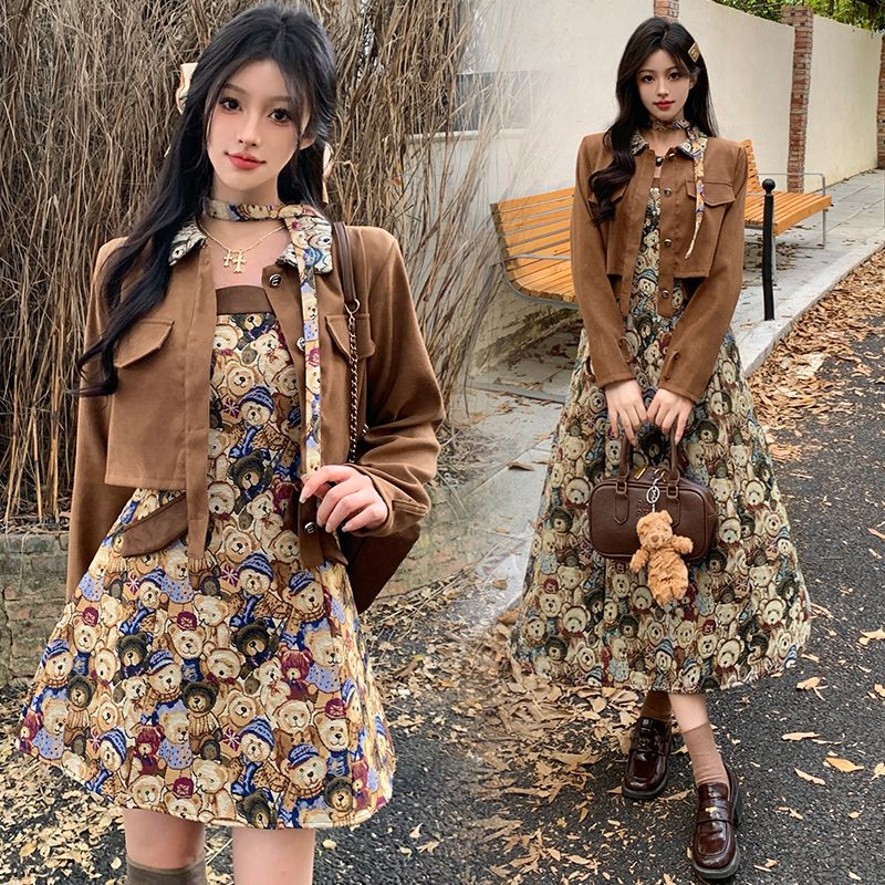 【亏米清苍】C-1168春季新款复古胖MM显瘦A字裙+外套时尚套装