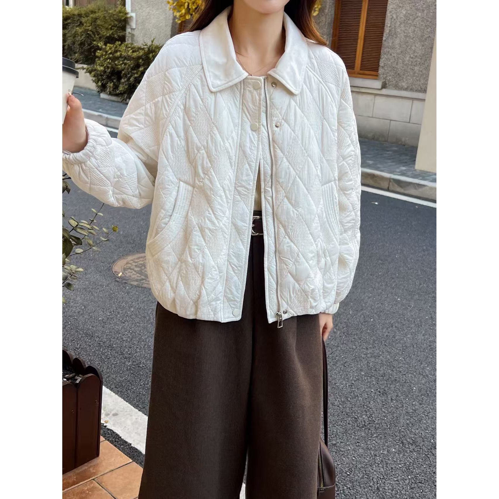 翻领菱形棉服外套ZBW34017衣长54（卡码往小拍）