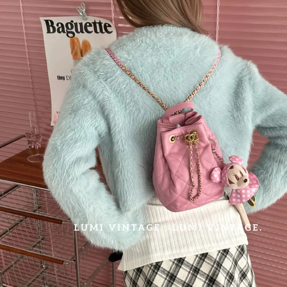 95新 Chanel/香奈儿 蜜桃粉色羊皮双肩包88908256