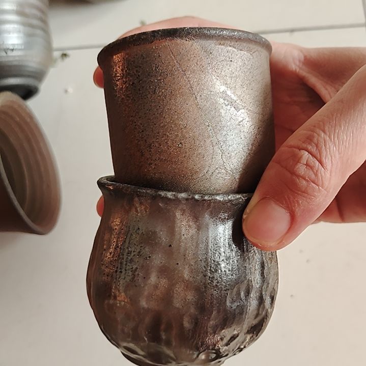 坭兴陶纯柴烧全手工茶杯微瑕2个