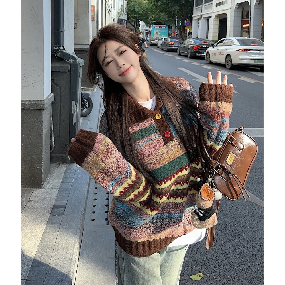 【优芭拉】彩色条纹翻领毛衣女冬季加厚设计感长袖减龄针织套头上衣