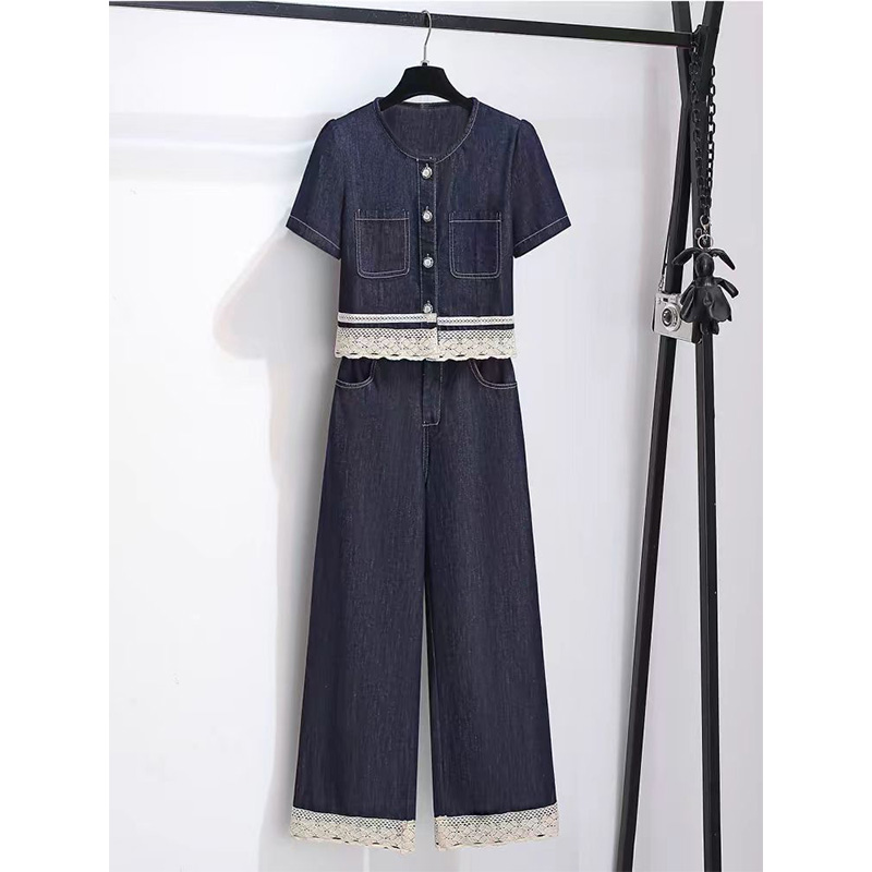 （女装）139 时尚洋气减龄短袖上衣阔腿裤蕾丝拼接薄款牛仔套装