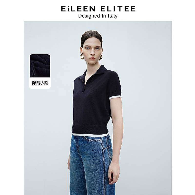 R017【赵老板】朗姿欧洲EiLEEN ELITEE醋酸翻领短袖针织衫气质上