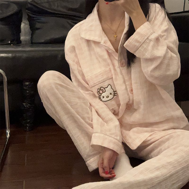 新款双层纱布甜美睡衣女春秋季凯蒂猫可爱格子长袖家居服套装