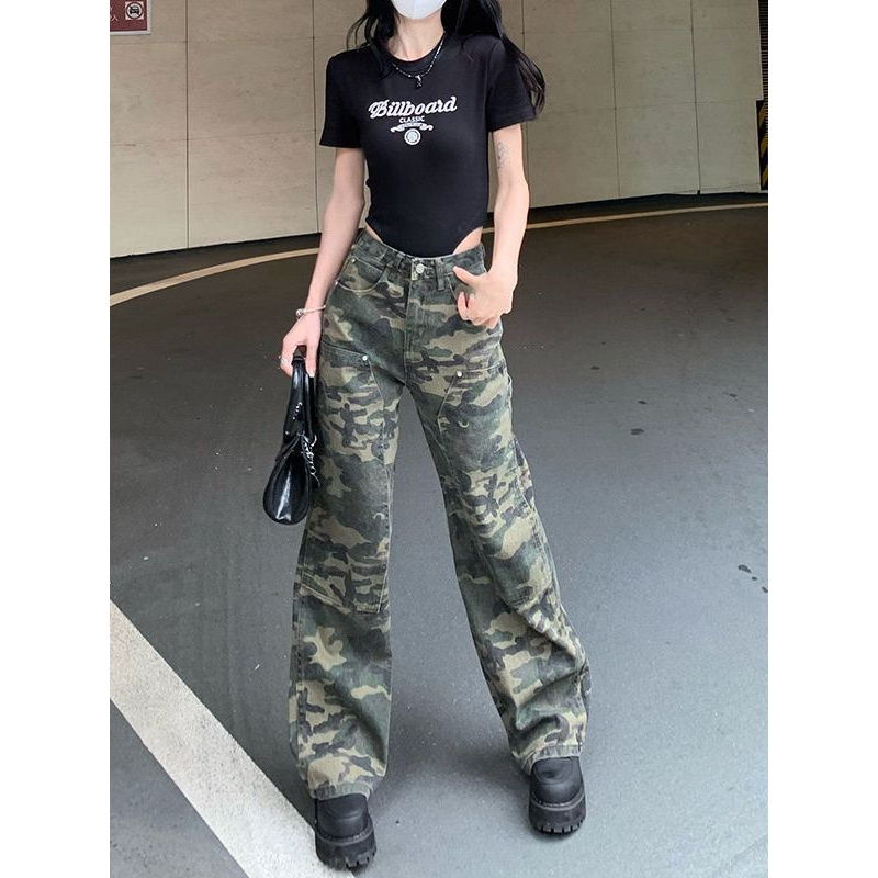 美式复古辣妹迷彩休闲牛仔裤女春夏工装裤直筒军绿高街裤子ins潮