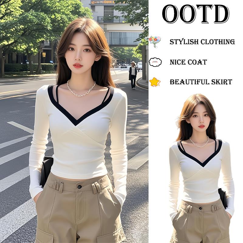 v领打底衫春装2025年新款女装长袖t恤设计感洋气独特别致短款上衣