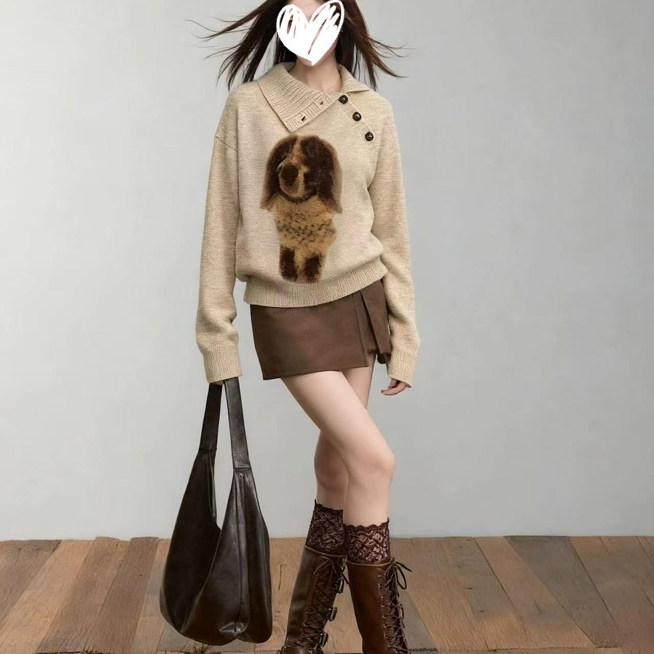 美式翻领提花小狗毛衣针织衫女秋冬新款宽松慵懒设计感小众上衣