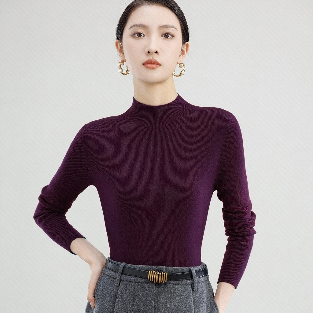 精纺美丽诺羊毛可机洗针织打底衫女秋冬百搭毛衣113