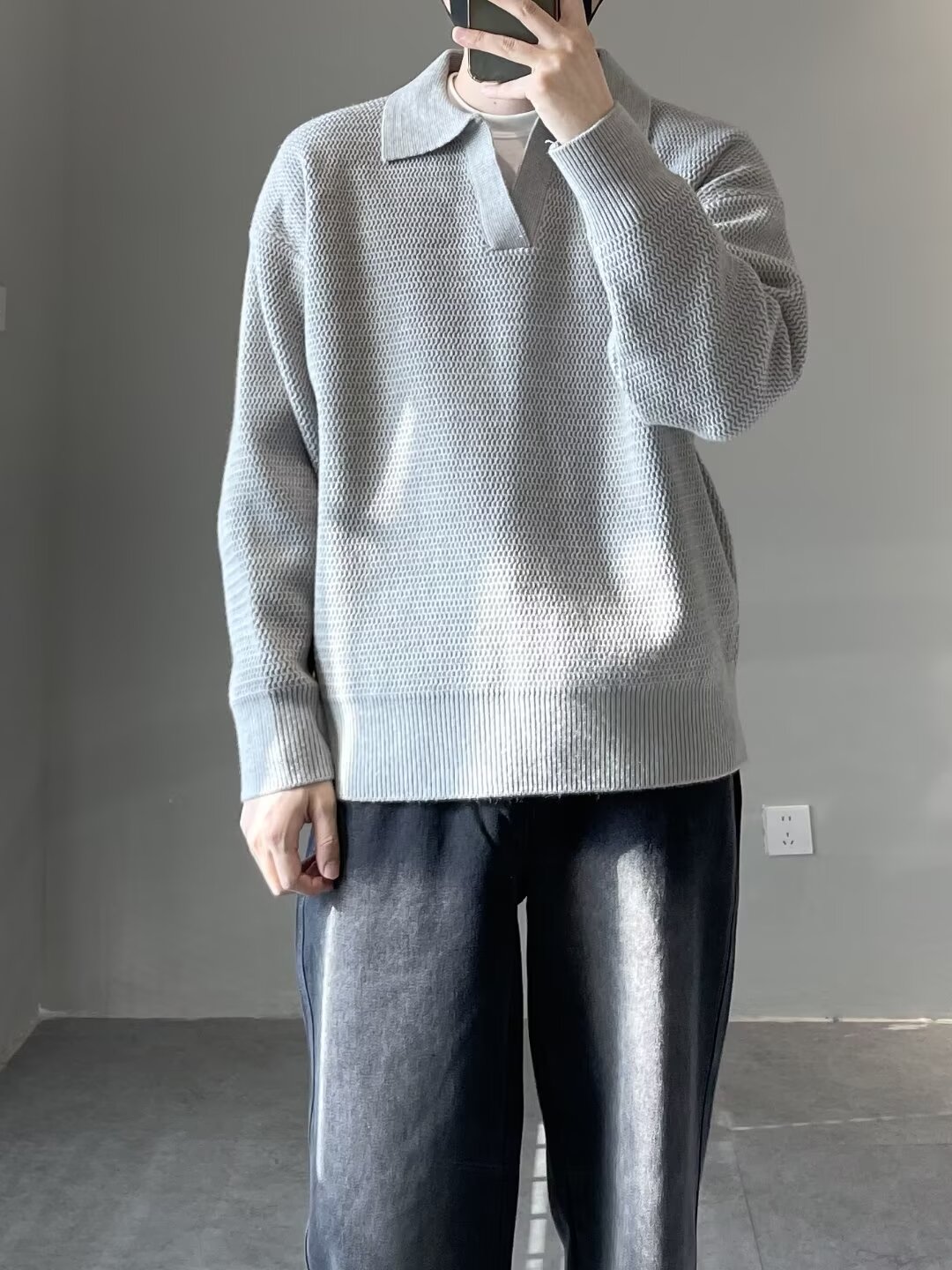 黑色polo翻领毛衣男款秋冬季高级感内搭线衣美式慵懒风V领针织衫