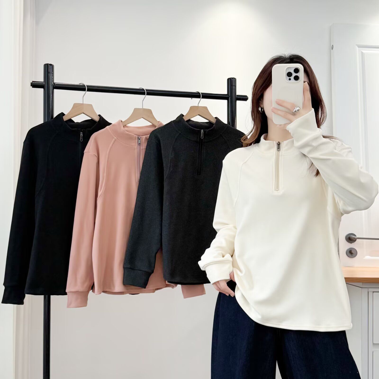 大码胖mm德绒高领打底衫女秋冬季新款半拉链Polo领内搭长袖打底衫