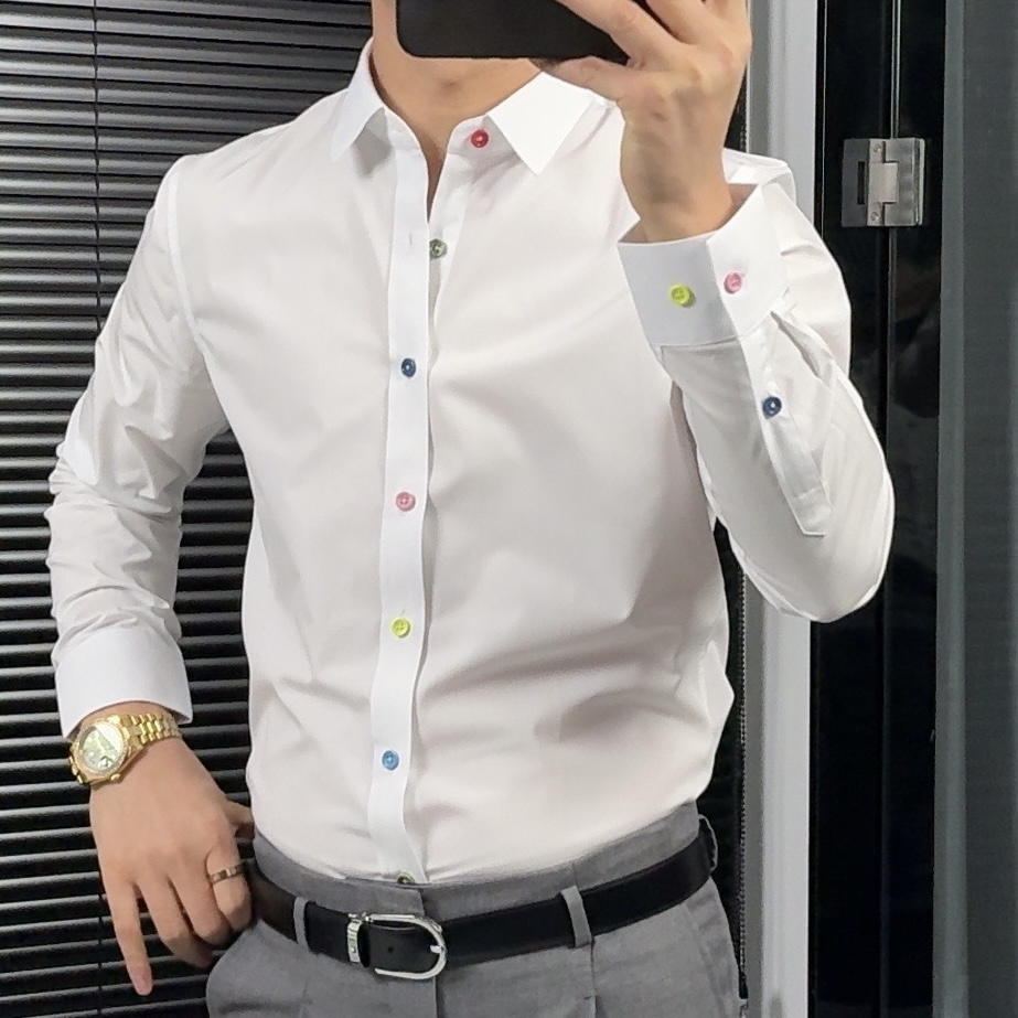 男士2025春款）修身牛津纺长袖衬衫彩色扣商务休闲衬衣