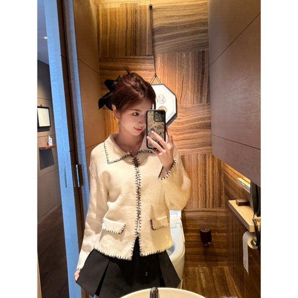 【Cikky定制】翻领短款外套四平空转针织开衫