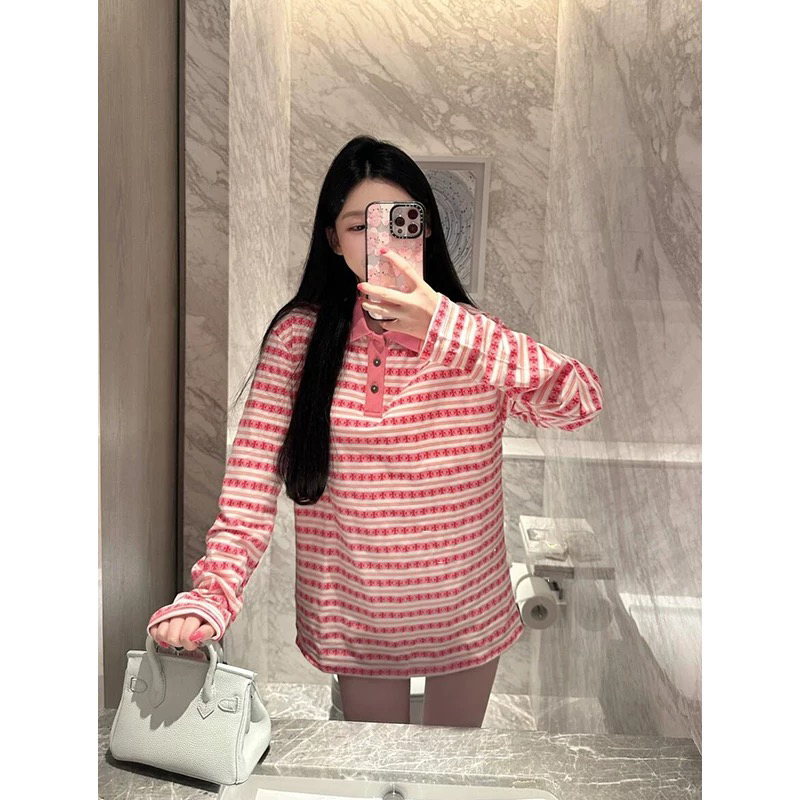 粉色条纹新款百搭polo衫条纹提花长袖chic宽松个性打底衫上衣