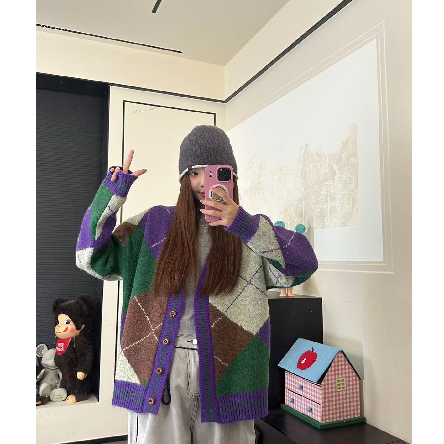 CHACHA【秋日恋综】休闲时尚百搭彩色菱格毛衣开衫