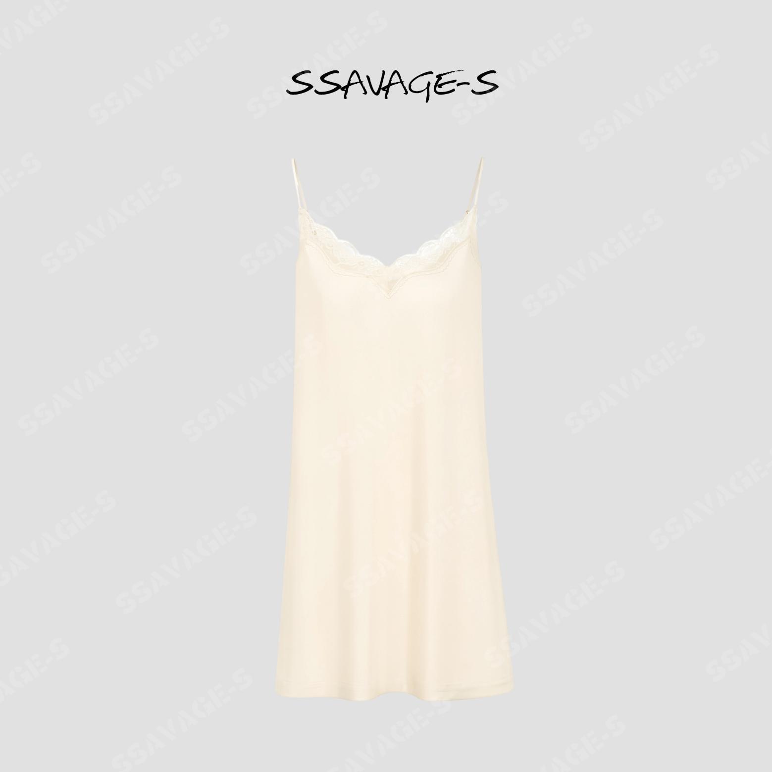 SSAVAGE“白昼美人”米白缎面蕾丝V领吊带裙SS91204
