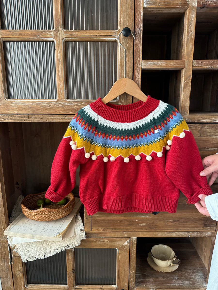 新年圣诞针织毛衣冬款加厚2025过年红洋气中小童圆领上衣
