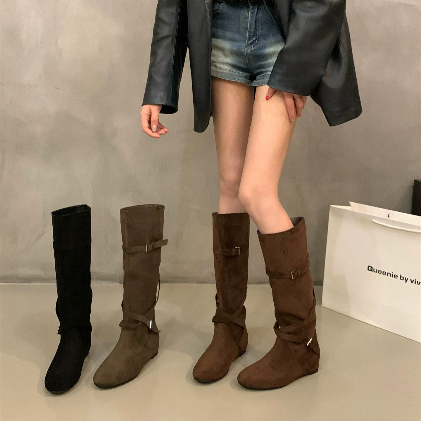 内增高绒面堆堆靴长靴女靴子2025秋冬季咖色美拉德瘦瘦骑士长筒靴