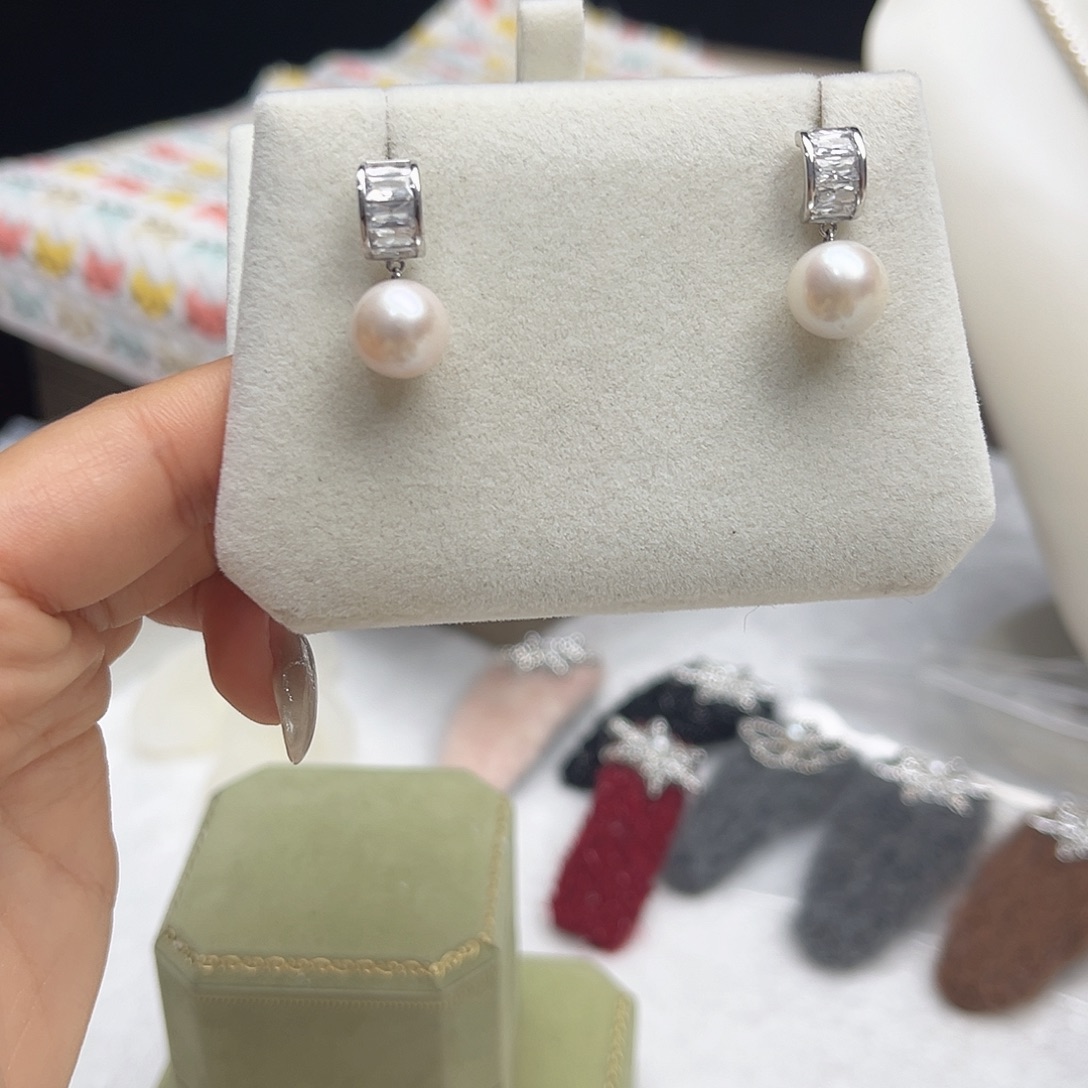 耳饰银S925镶嵌淡水珍珠