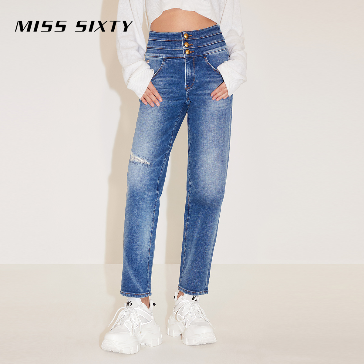 Miss Sixty春款牛仔裤复古显瘦百搭女三环高腰萝卜裤锥形裤休闲风