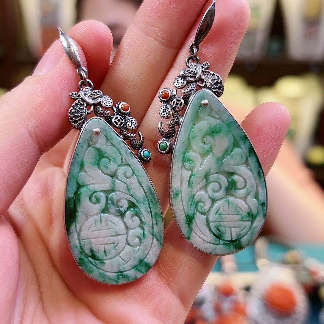 翡翠耳饰银S925镶嵌耳环