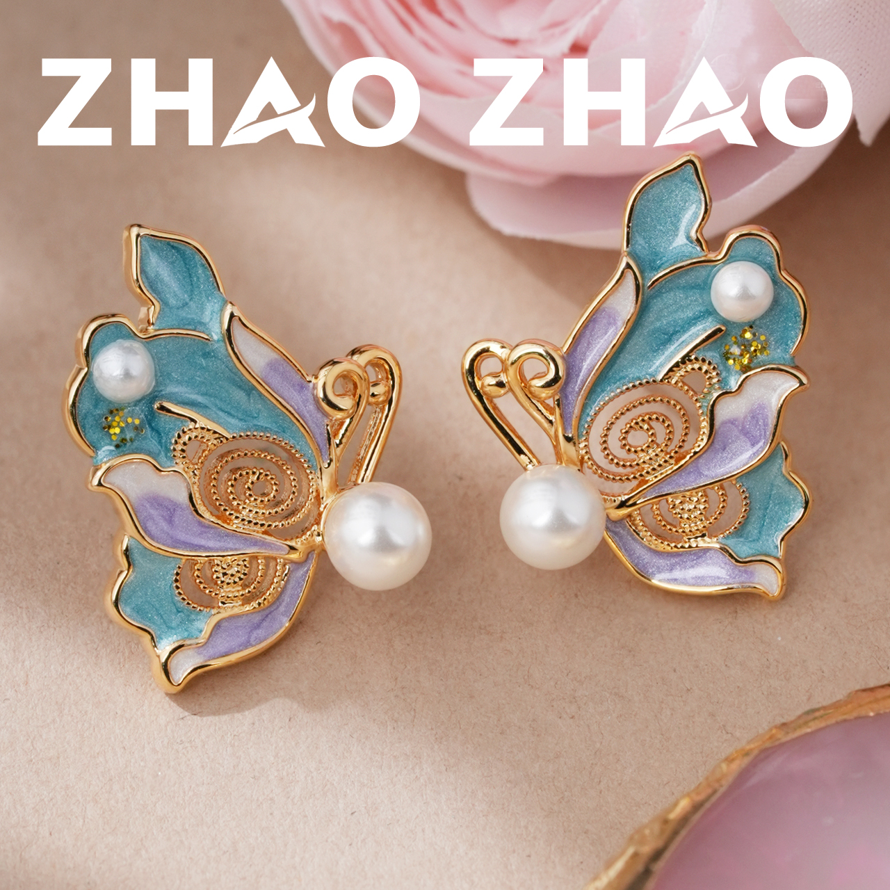 铜合金耳饰 「七彩蝶」蝴蝶珐琅耳饰蓝色日常通勤高级感