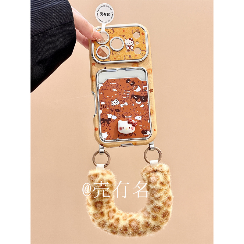 卡通贴皮线条黑皮Kitty豹纹腕带适用苹果17手机壳iPhone16/15/14