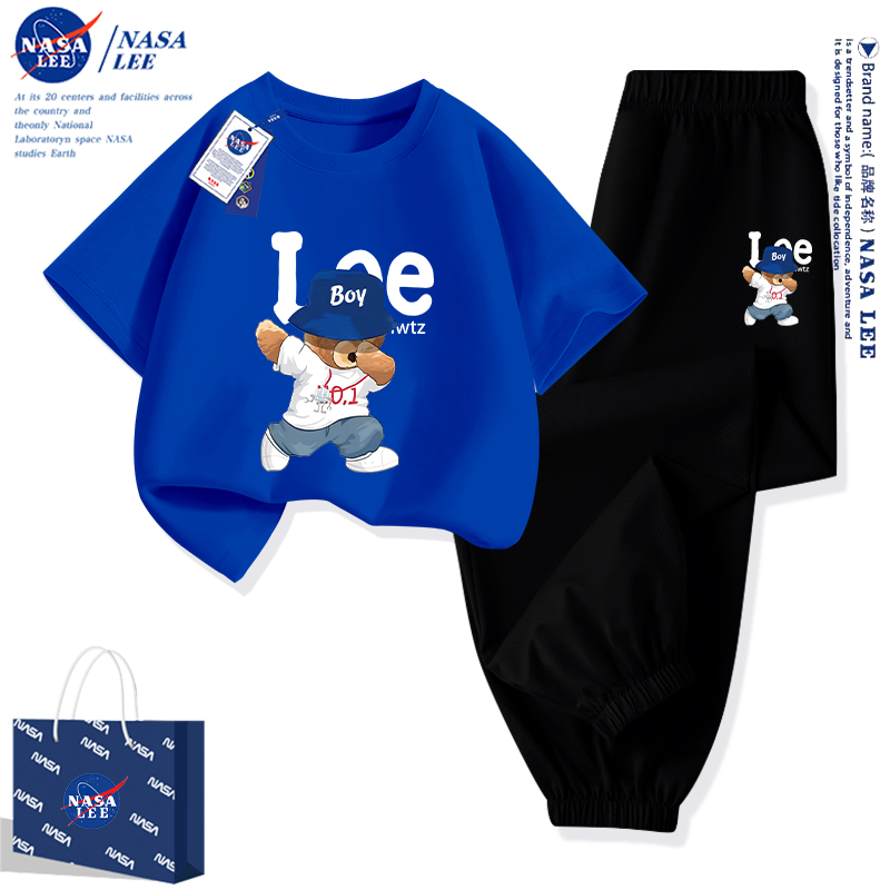 NASA小熊儿童短袖套装2026新款男童夏季t恤两件套女童防蚊裤