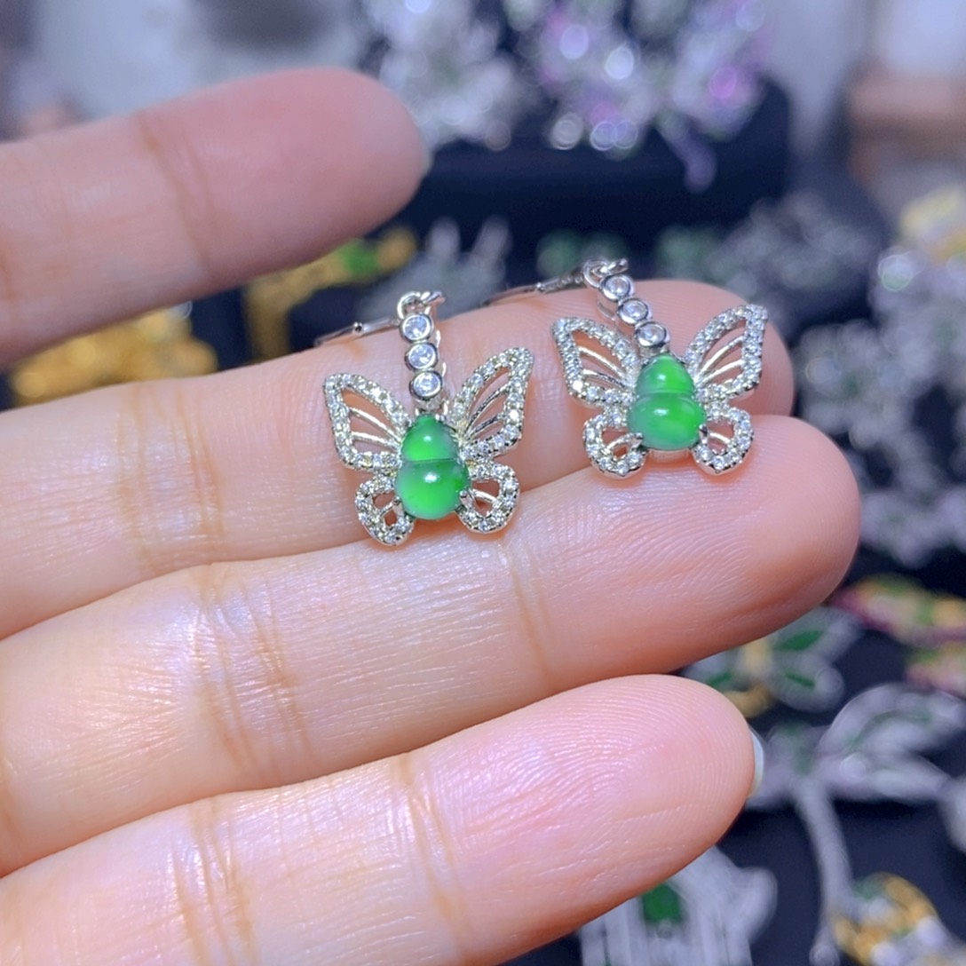 翡翠银S925镶嵌耳饰天然翡翠