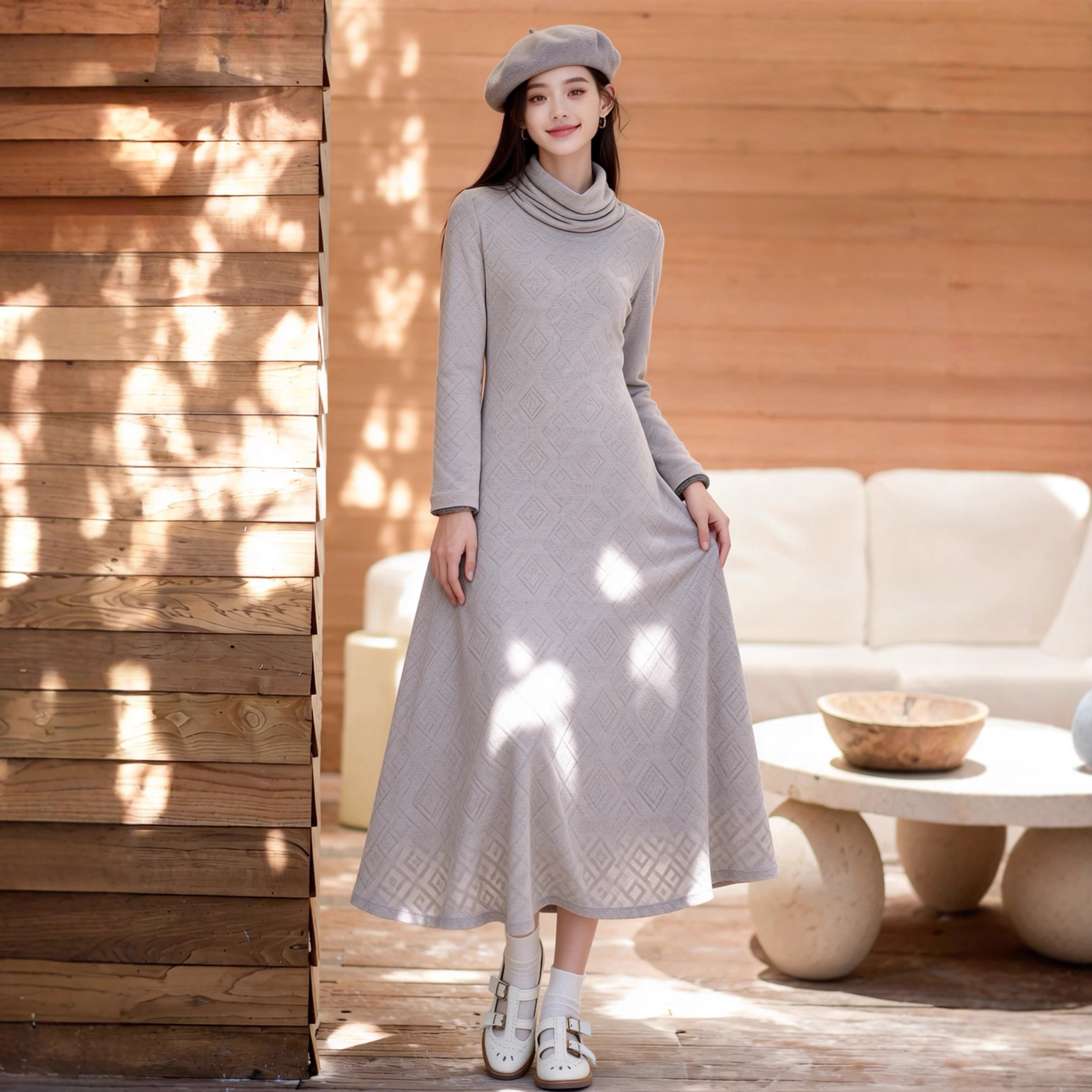 暖暖的美感丨冬季新款灰色加绒连衣裙女蕾丝优雅年会礼服裙子1183