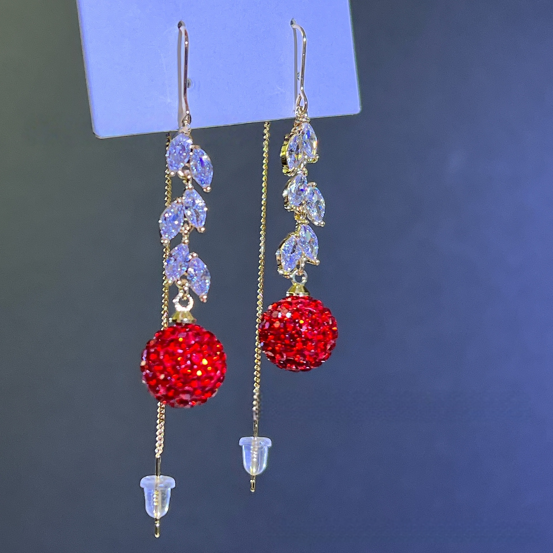 铜合金耳饰 铜合金新款时尚高级红色镶钻球球麦穗锆石流苏耳线