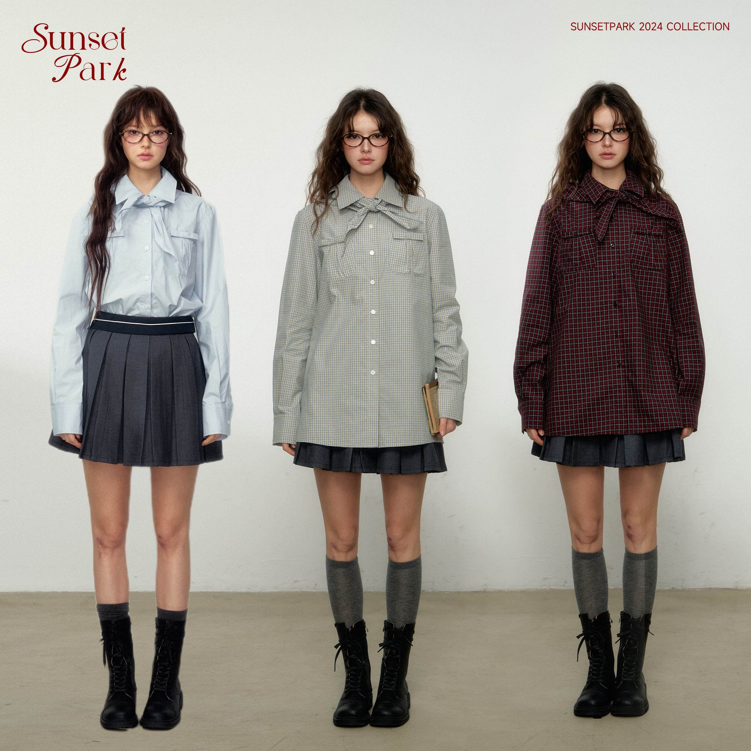 SunsetPark日落公园伯克利学院风衬衫女格纹宽松上衣蓝/红/纯色蓝