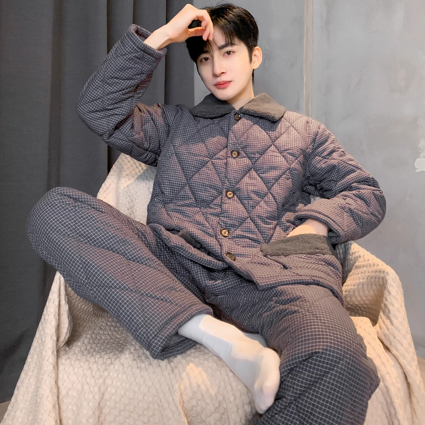 100%纯棉三层夹棉睡衣男士冬季棉袄加厚加绒保暖家居服高级感套装