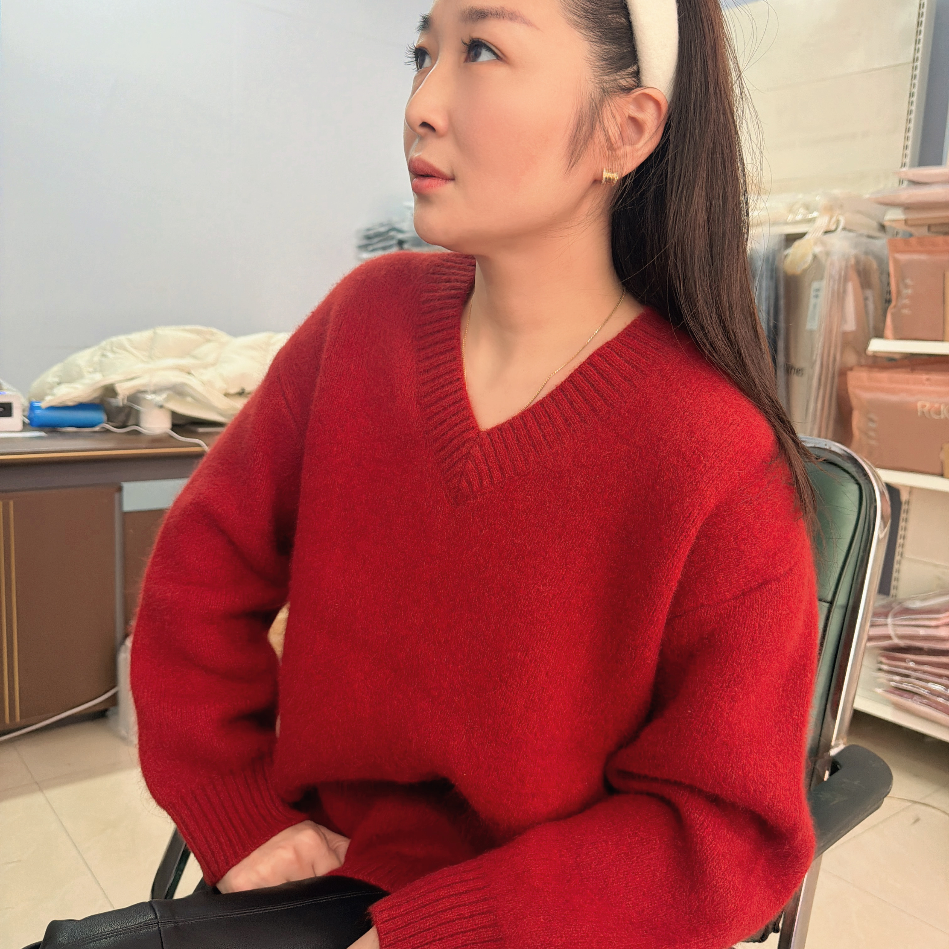 保暖毛衫红色女装女长袖针织厚款V领399打底秋冬上衣针织衫新款