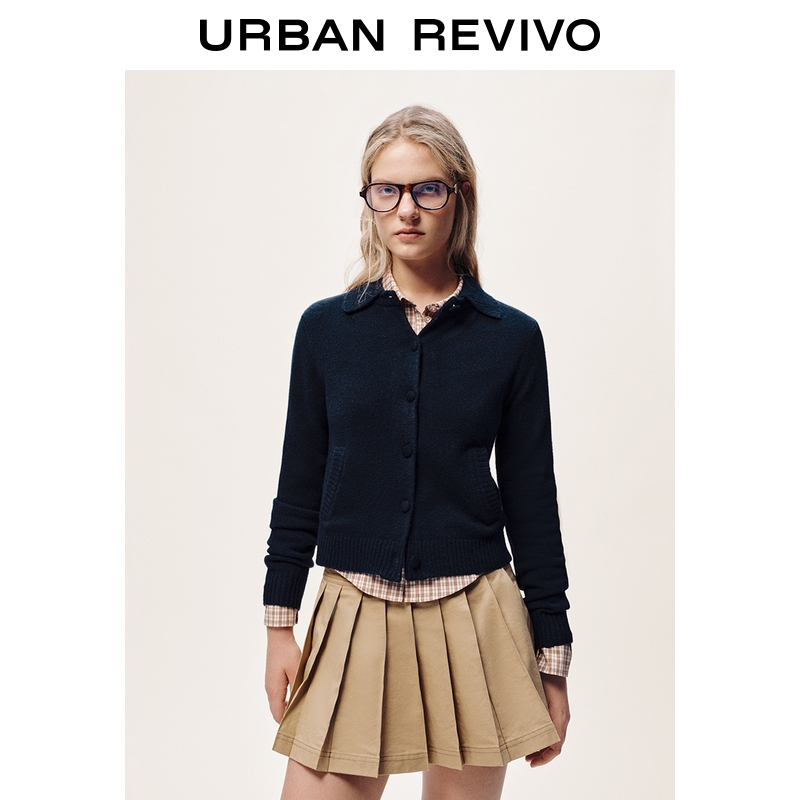 UR2025冬季新款女装简约休闲翻领纽扣针织开衫UYL950243