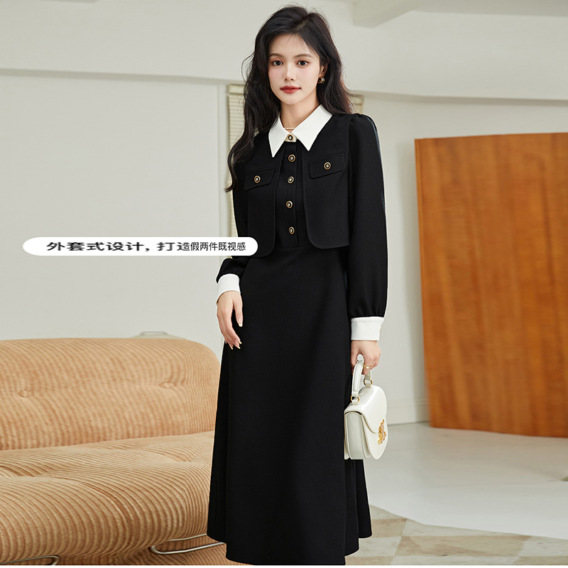 假两件整套连衣裙漂亮女装新款气质拼接小黑长裙7745