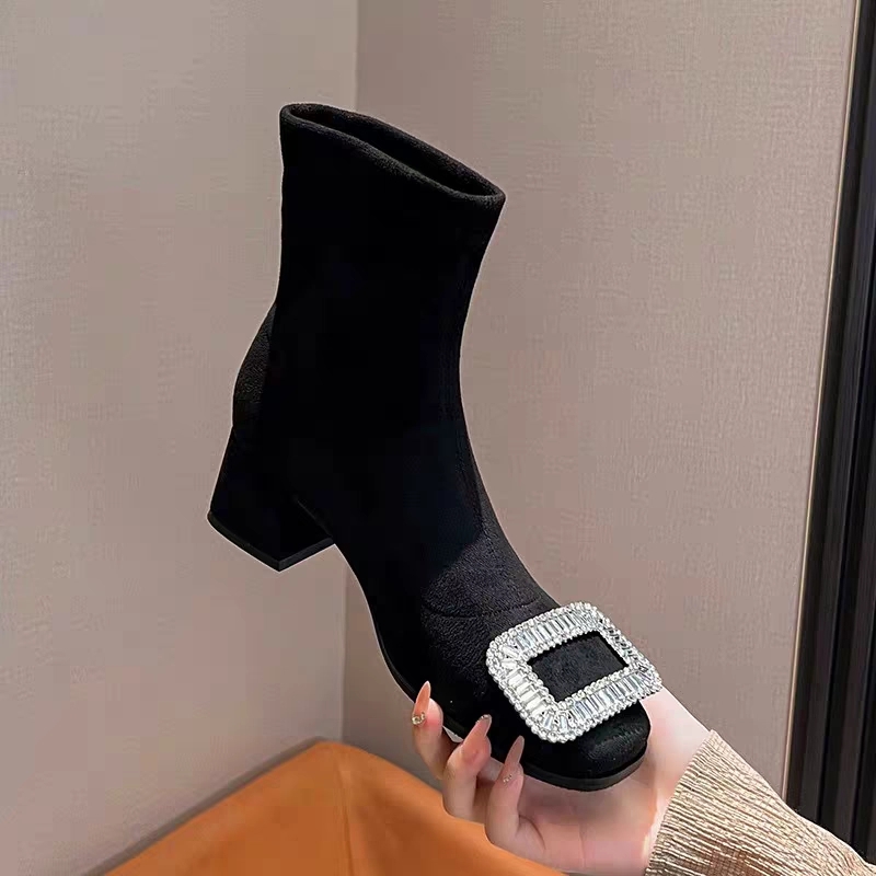 粗跟方头短靴女2025新款法式绒面春秋单靴水钻方扣弹力袜靴瘦瘦靴