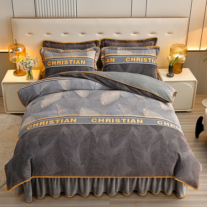 A类品质加厚8-9斤高克重牛奶绒床裙款双面绒四件套加厚保暖加绒