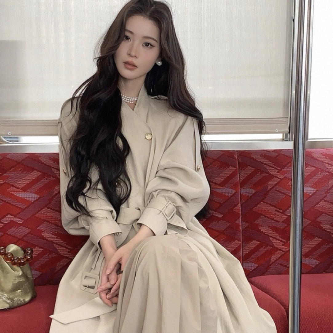 HOUZAI 巨好看风衣女2025新款中长款外套高个子亚麻大衣早秋穿搭