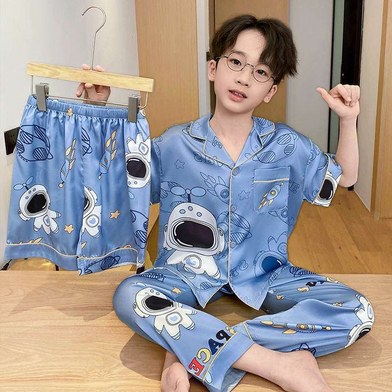 YUZHAOLIN/俞兆林儿童夏季冰雪丝家居服男大童短袖翻领睡衣三件套