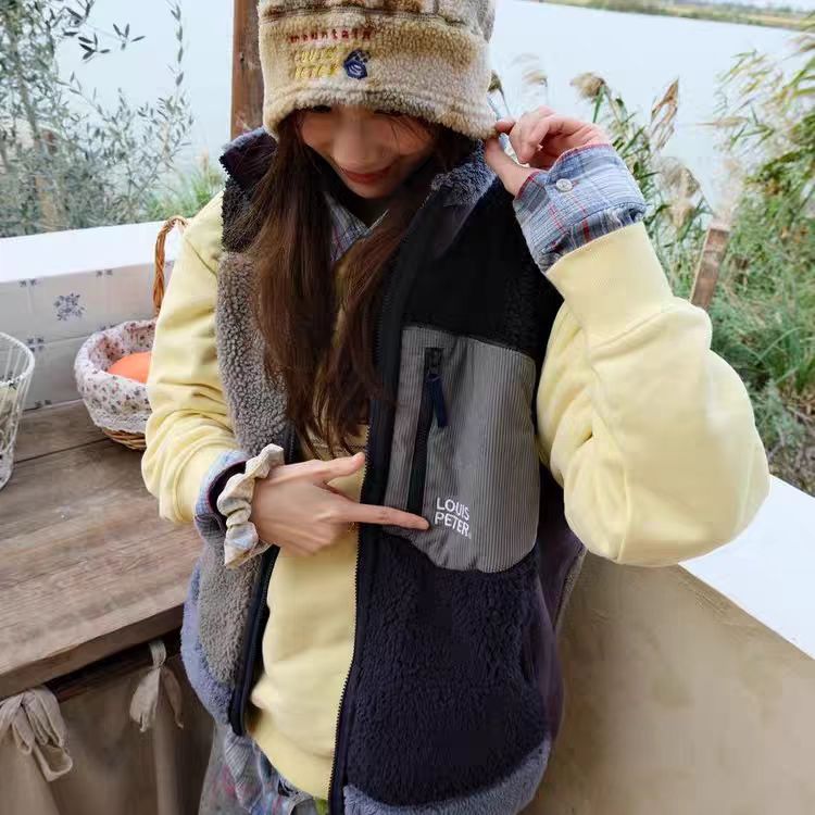 日系多色拼接绒毛户外山系大口袋灯芯绒马甲背心 