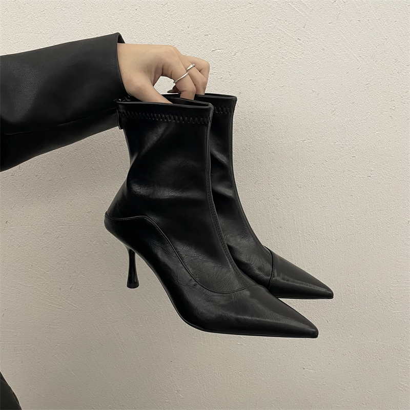 法式尖头高跟瘦瘦靴女后拉链短靴2025秋冬新款气质软皮细跟时装靴